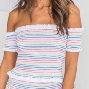 Acua smocked off shoulder crop top rainbow stripes ruffled edges size medium